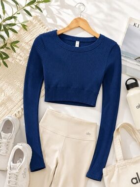 Alo Yoga Blue Ribbed Long Sleeve Crop Top Medium | Soft Stretch
